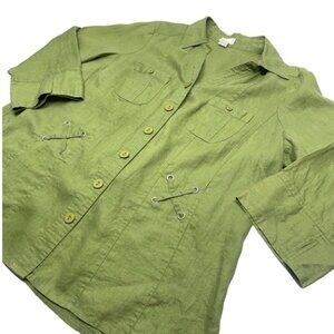 •-, Tweeds Green Linen Button Down Shirt F26